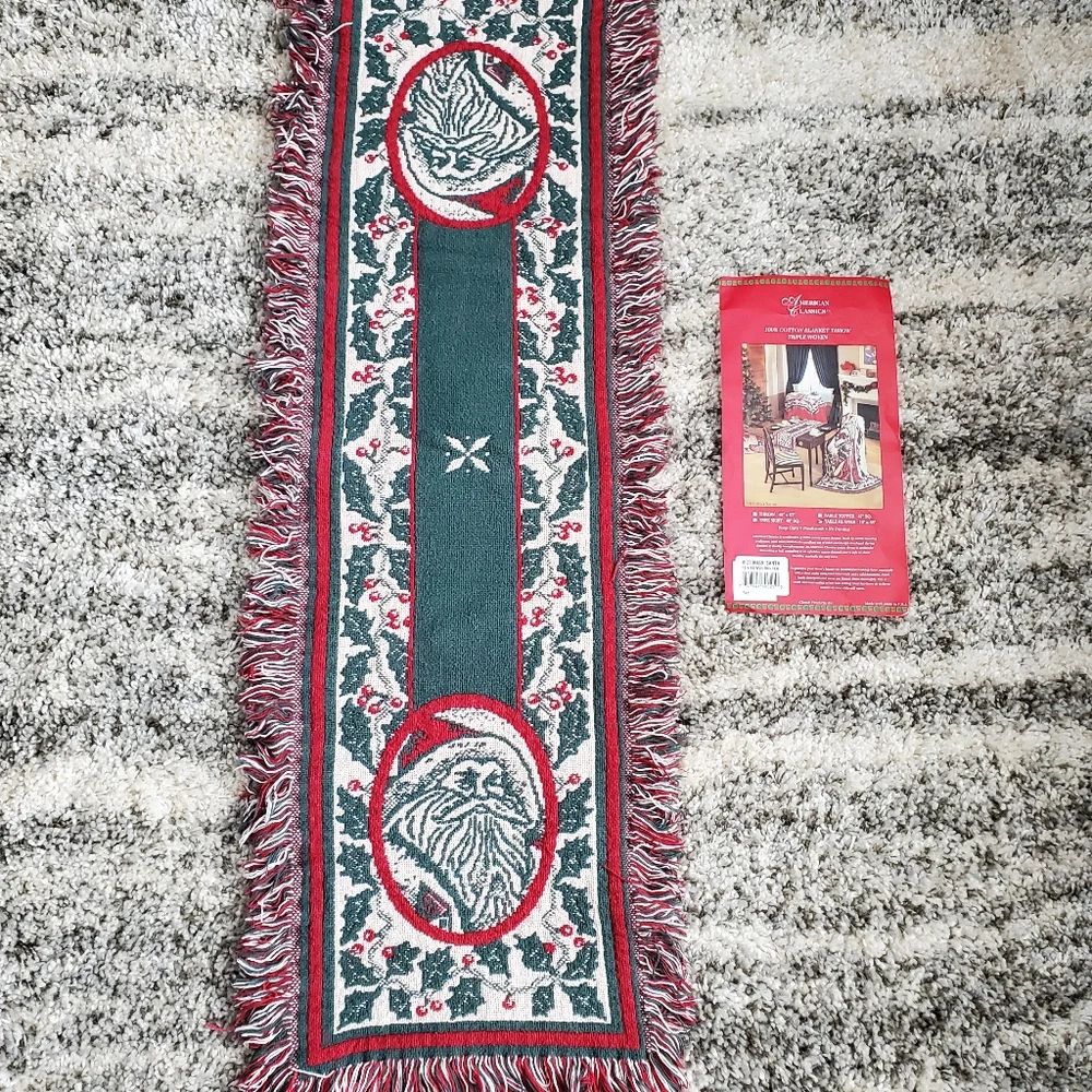 Vtg Triple Woven Cotton Santa Table Runner EUC
